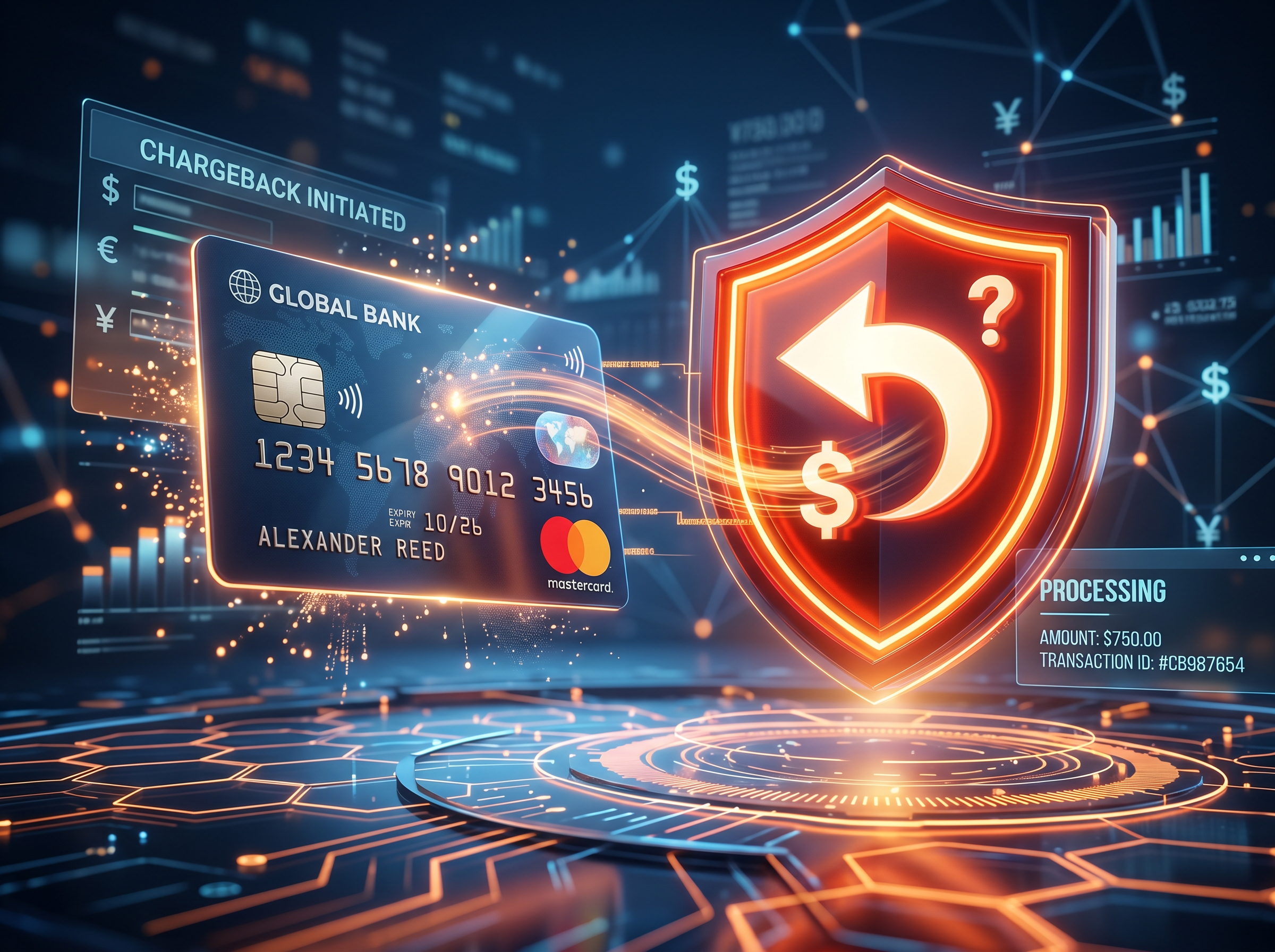 A 3d rendering that has a credit card and a chargeback icon