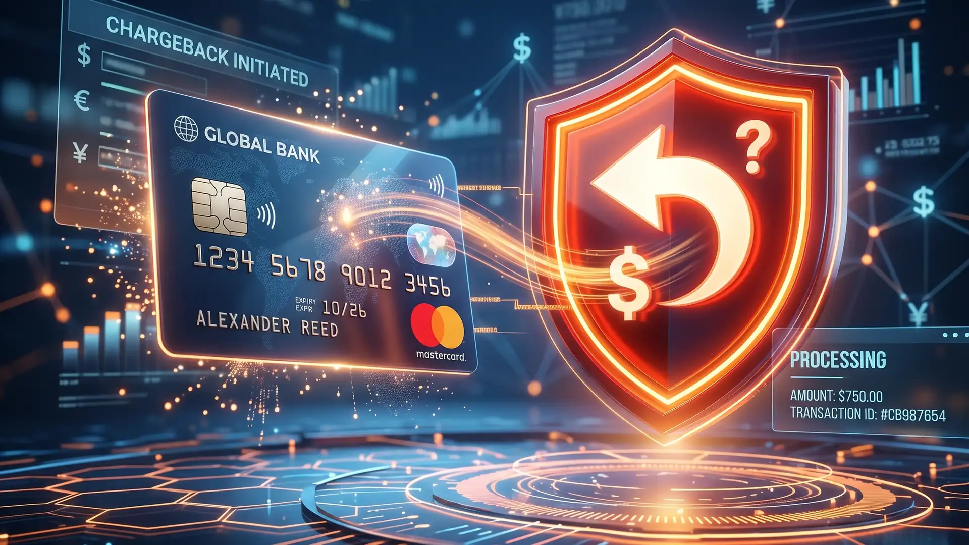 A 3d rendering that has a credit card and a chargeback icon