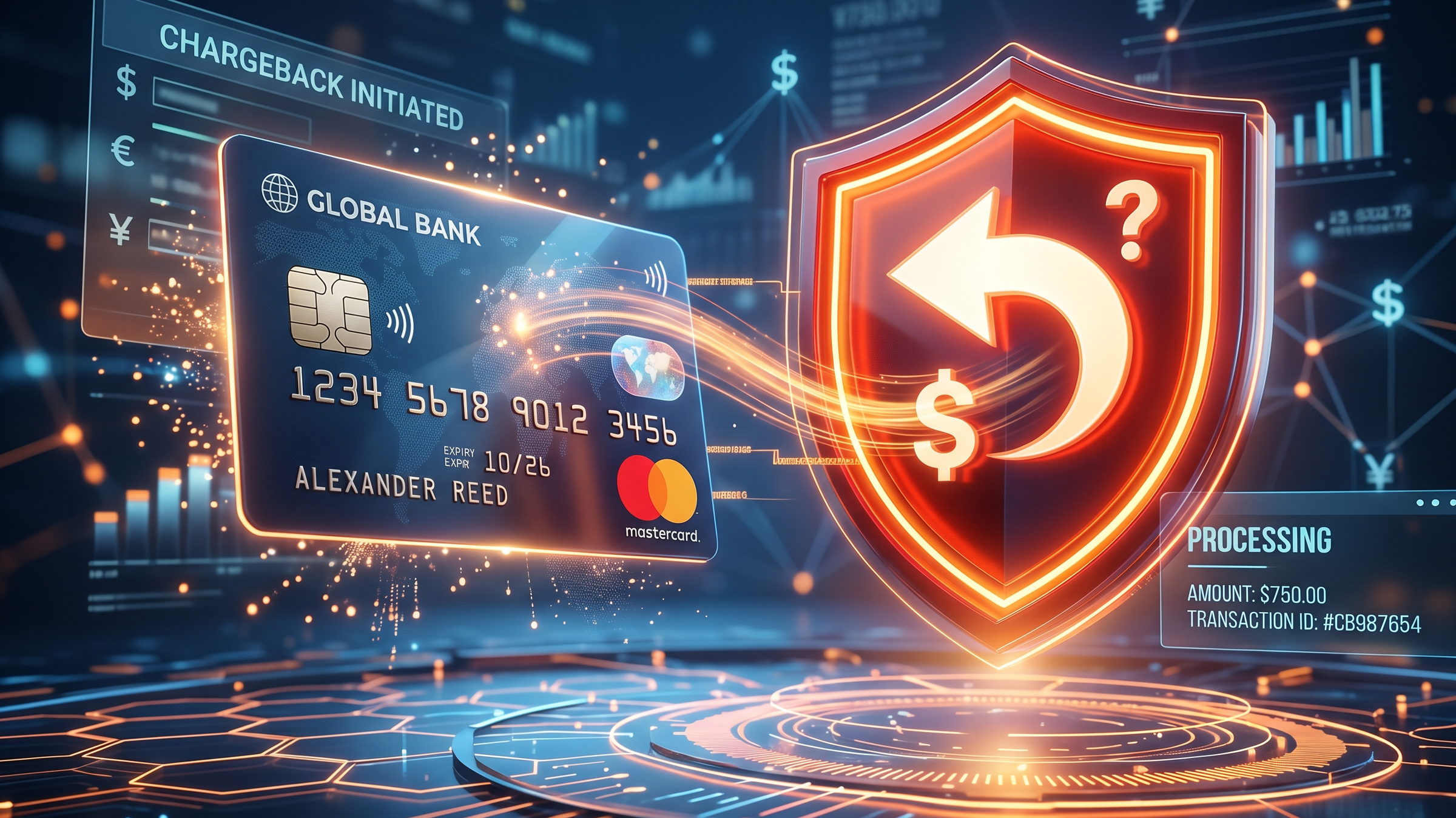 A 3d rendering that has a credit card and a chargeback icon