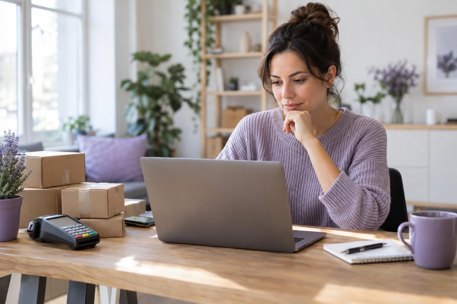A small business owner comparing high-risk merchant account providers on her laptop, with a card terminal and shipping boxes on her desk