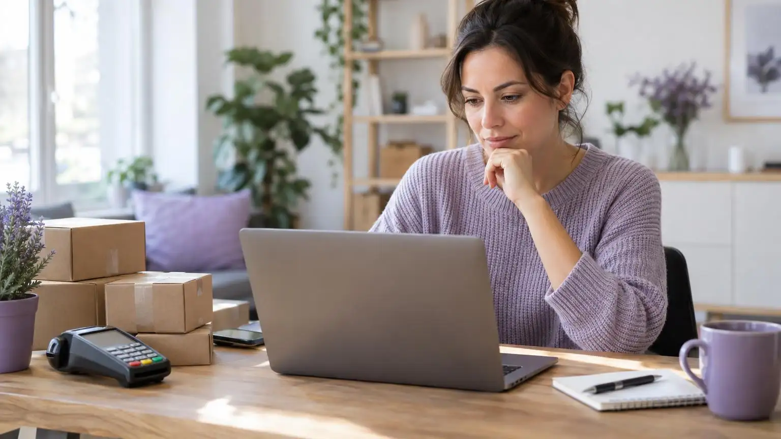 A small business owner comparing high-risk merchant account providers on her laptop, with a card terminal and shipping boxes on her desk