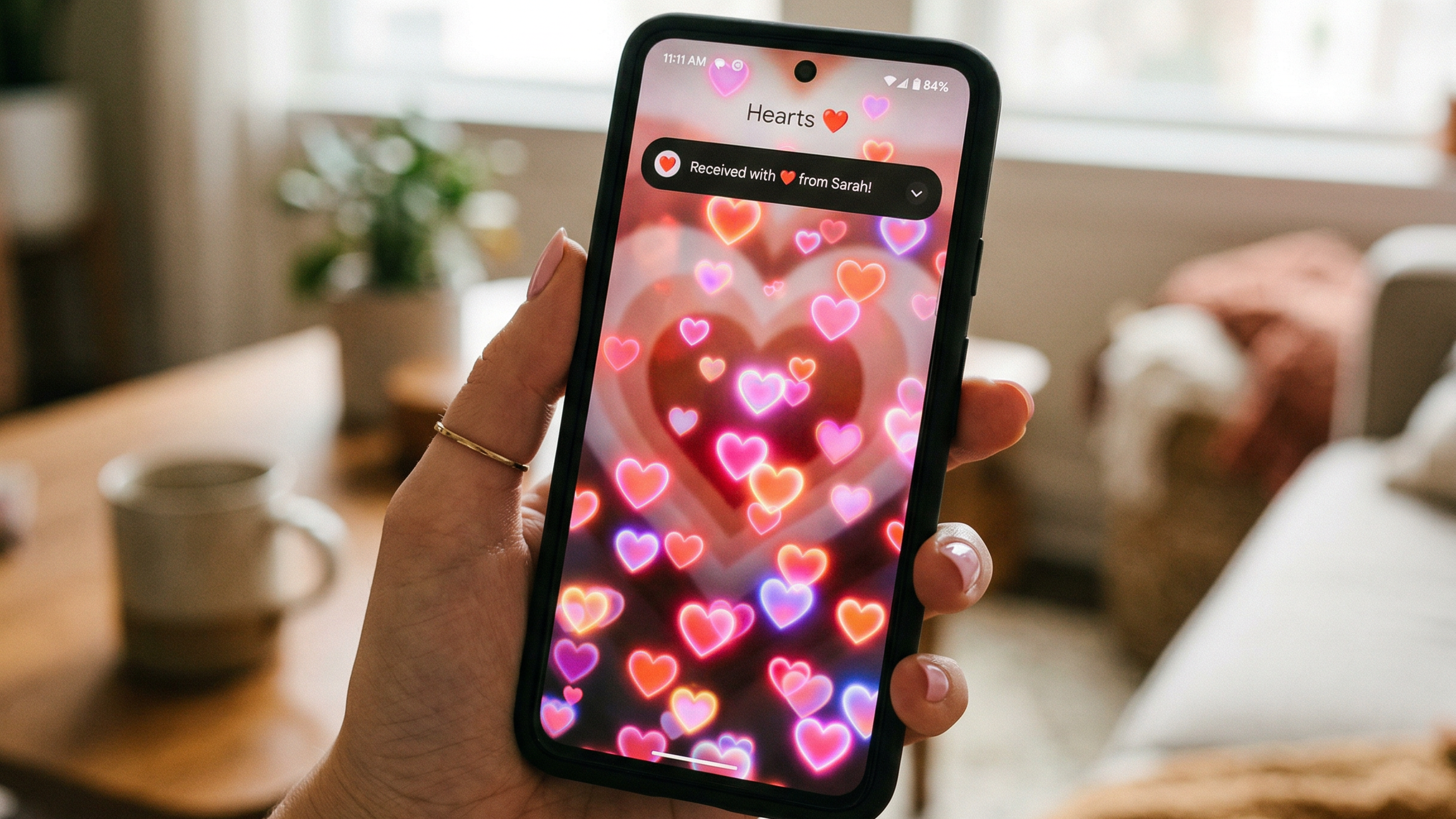 Phone showing digital hearts.
