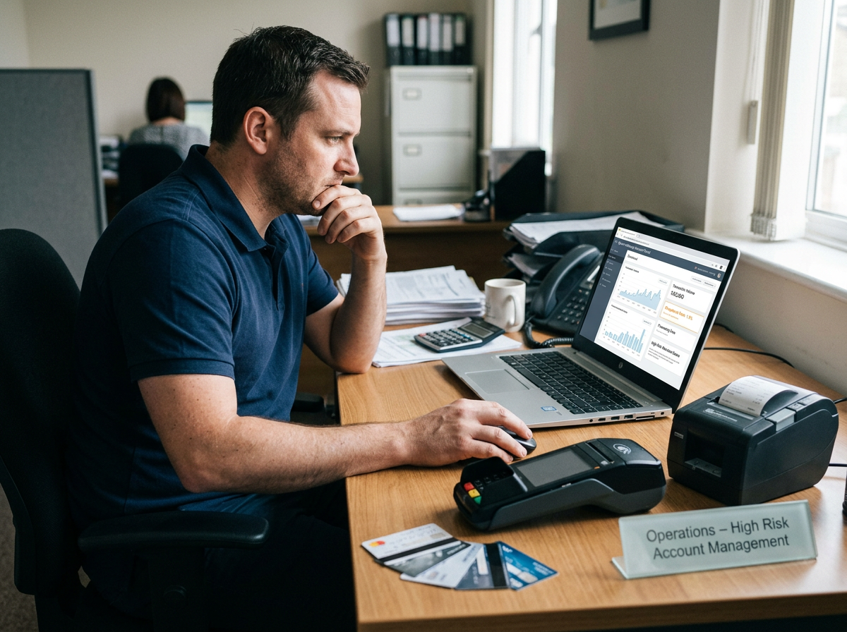 A person sitting at a desk with a laptop running a high-risk business