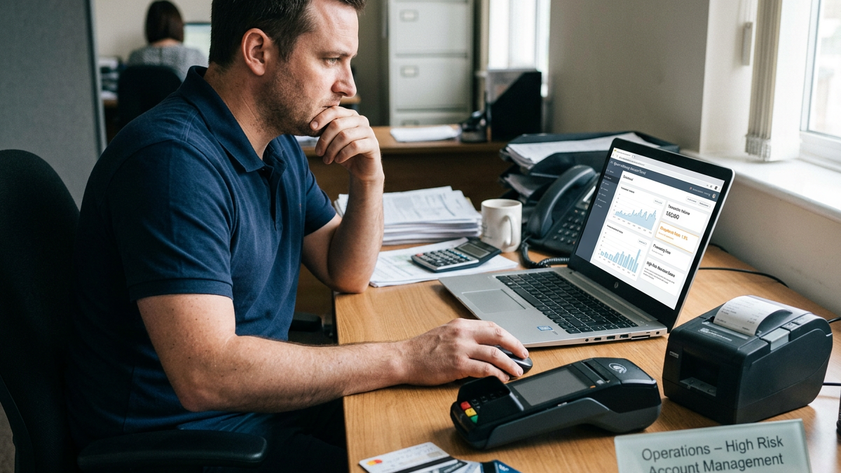 A person sitting at a desk with a laptop running a high-risk business