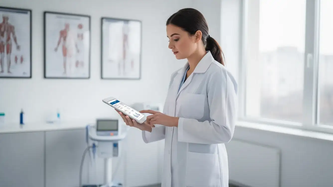A clinician reviewing patient records on a tablet