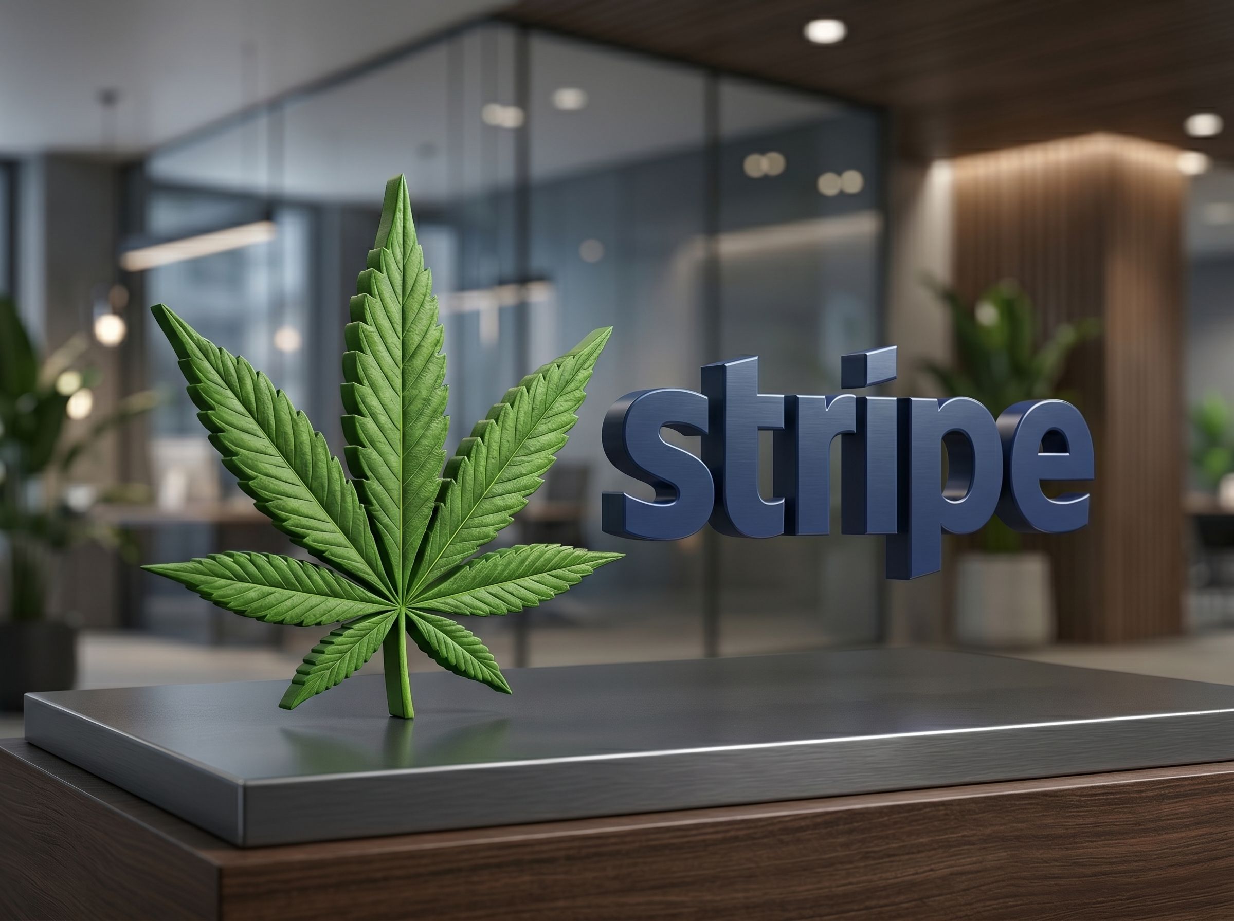 A stripe logo beside a CBD Leaf