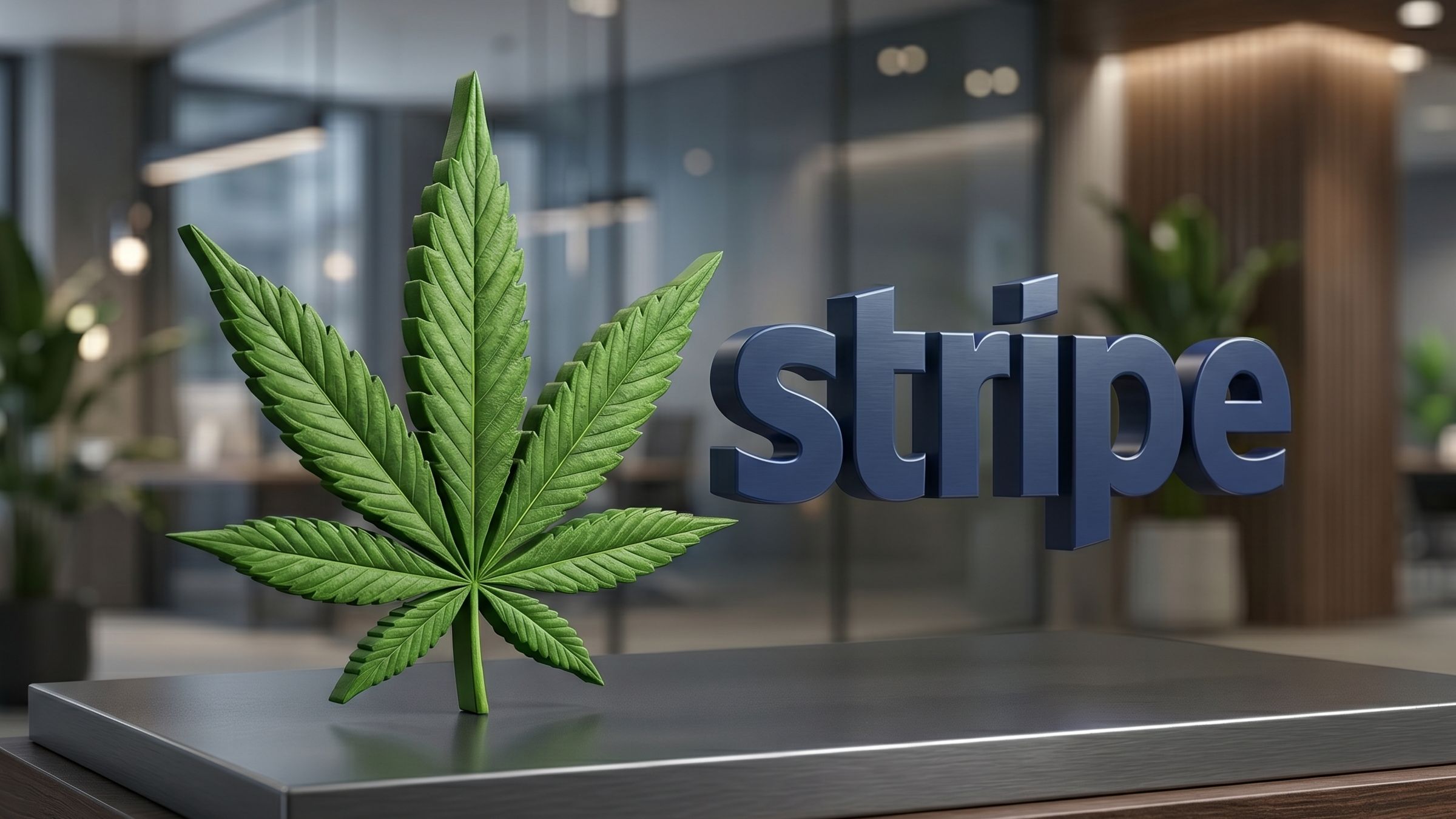 A stripe logo beside a CBD Leaf