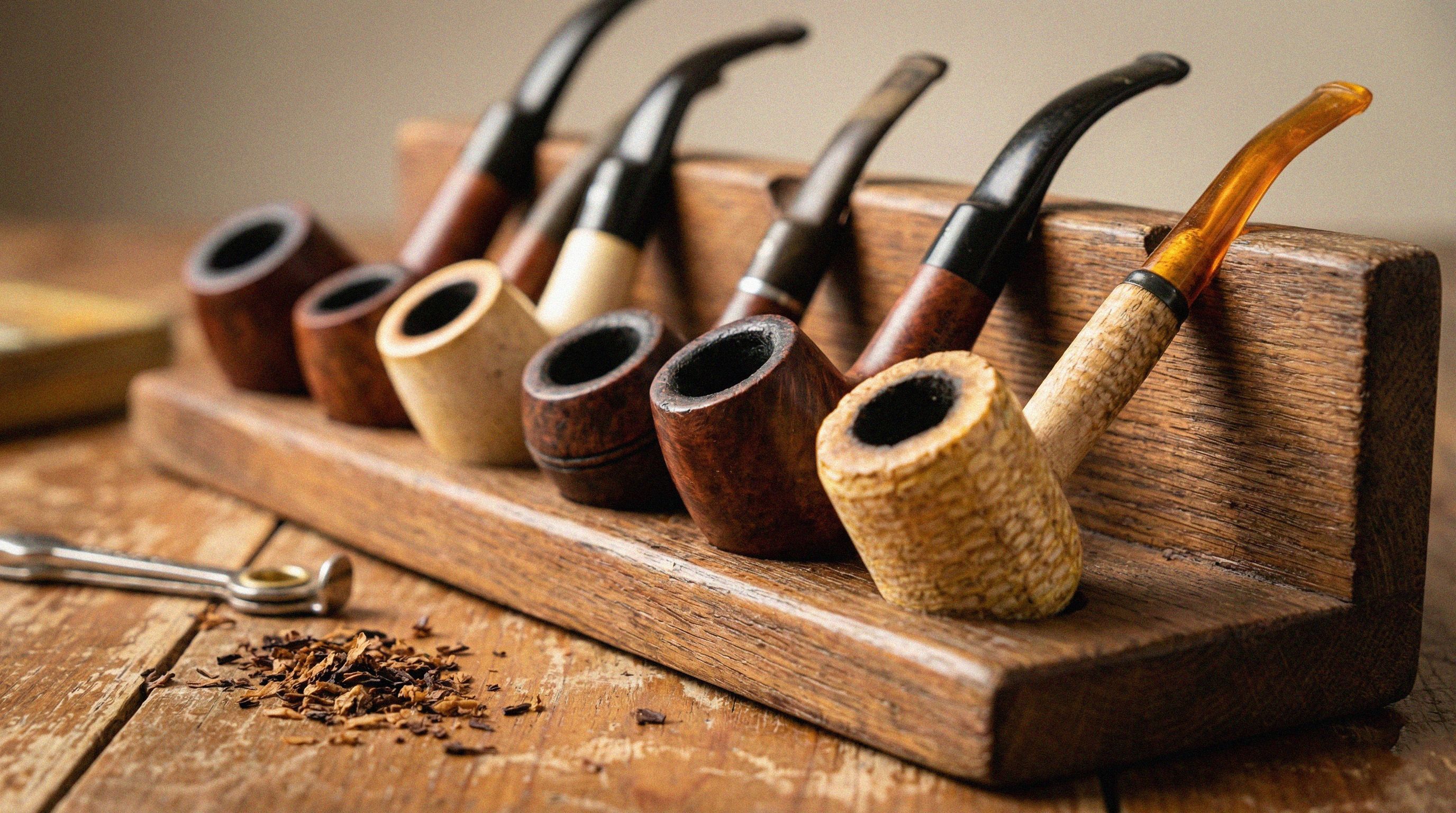 A set of wood tobacco pipes resting on a wooden pipe rack