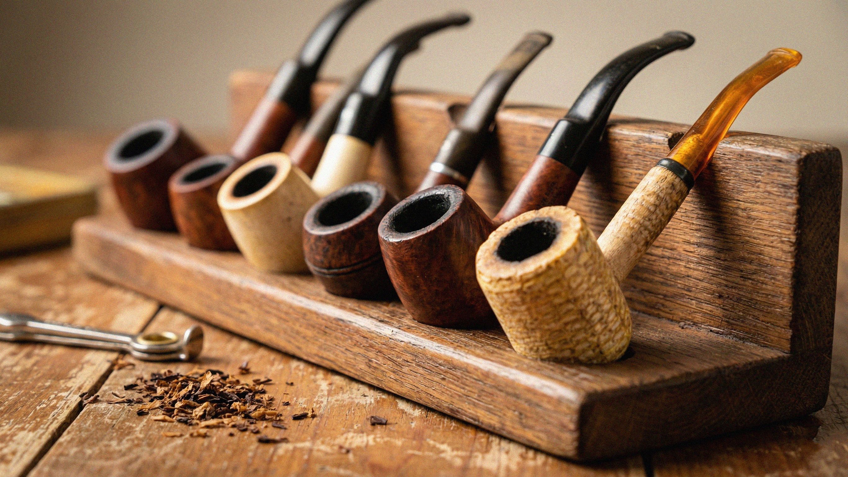 A set of wood tobacco pipes resting on a wooden pipe rack