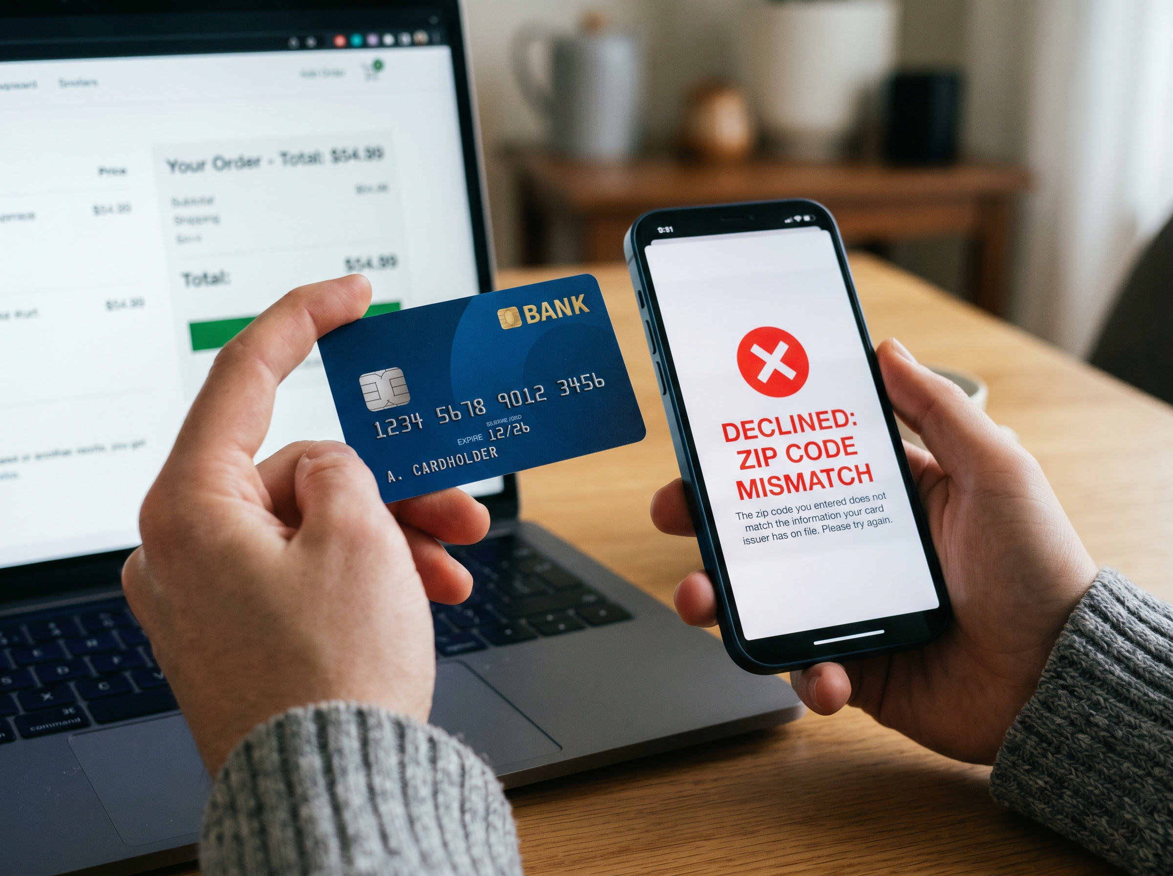 A person holding a credit card and their phone, with an avs mismatch error on the screen
