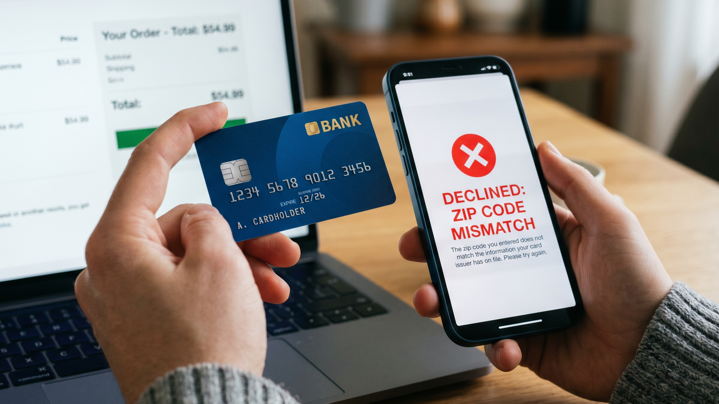 A person holding a credit card and their phone, with an avs mismatch error on the screen