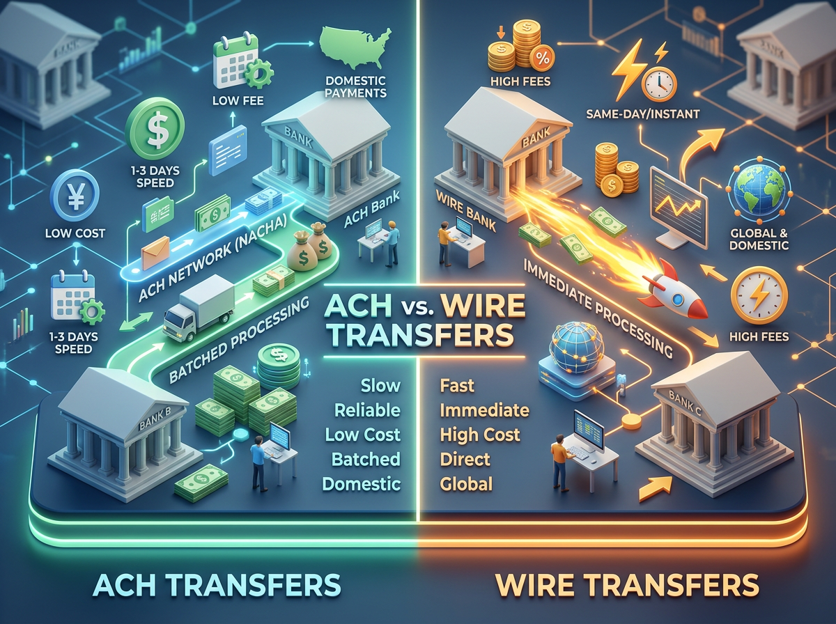 Graphic showing the various differences between Wire and ACH transfers