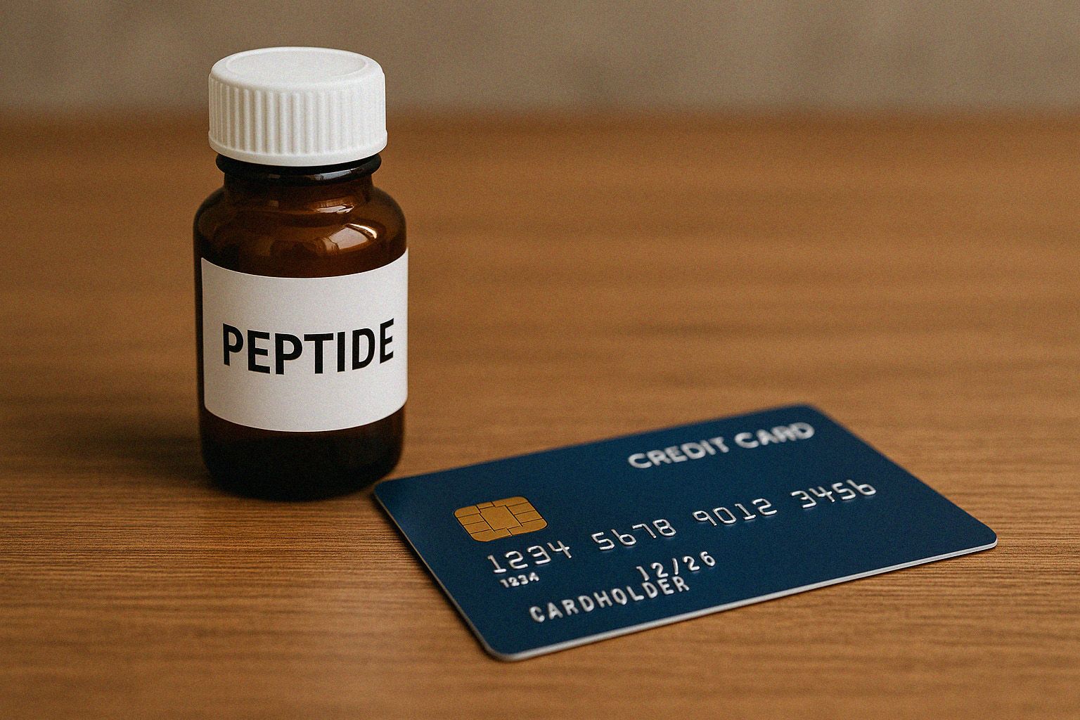 A peptide bottle and a credit card.