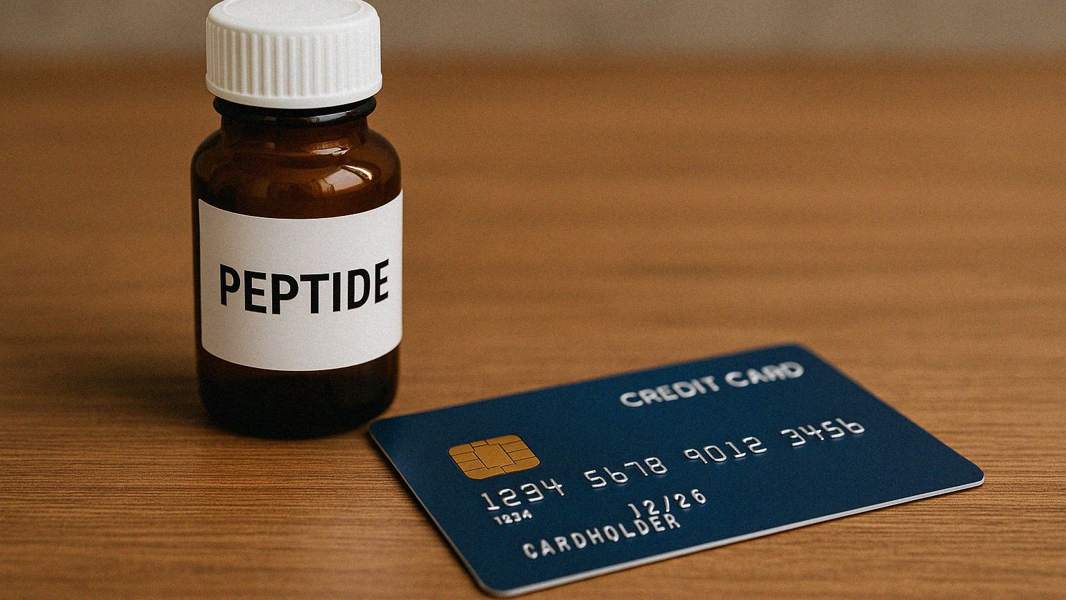 A peptide bottle and a credit card.