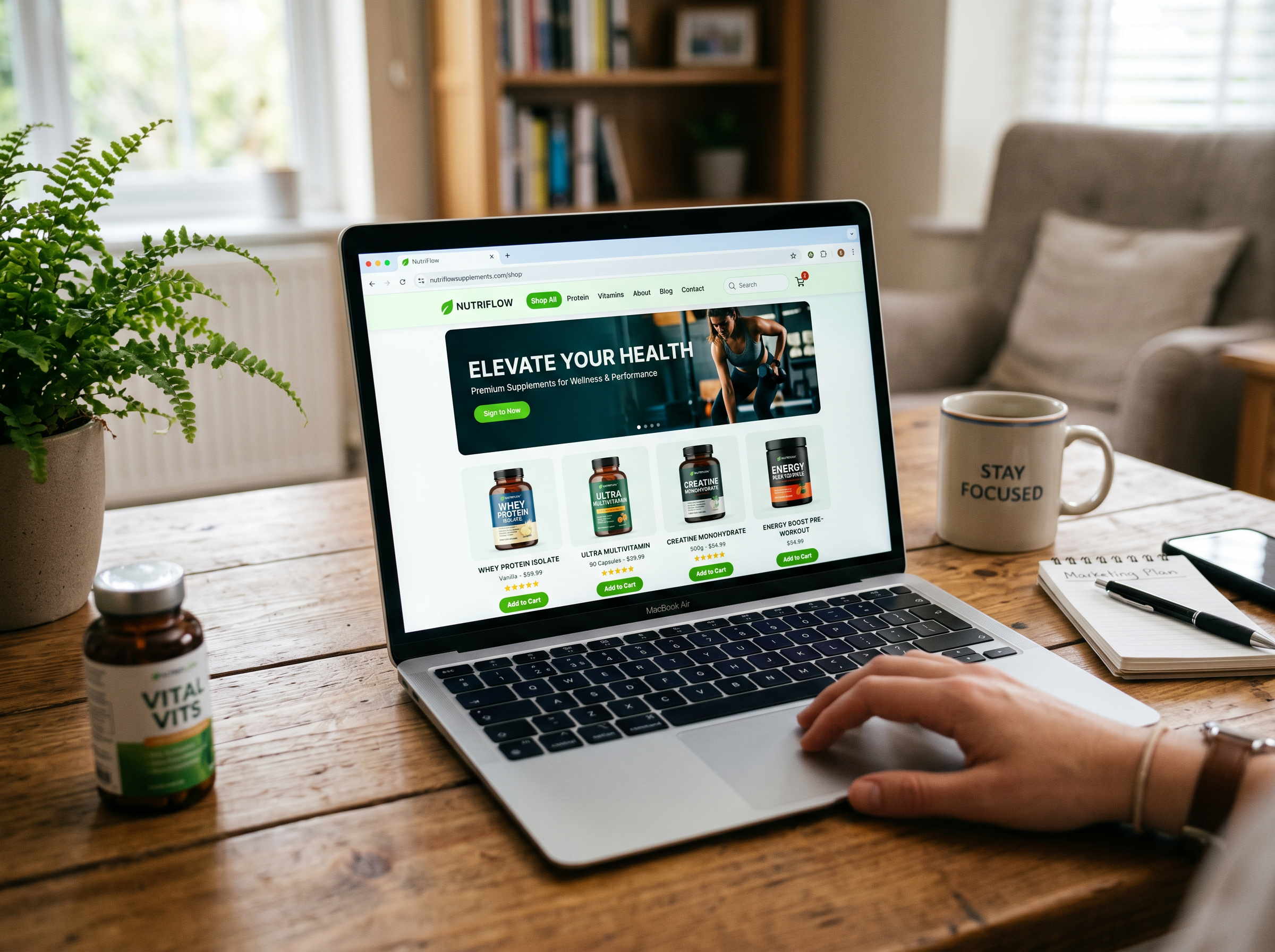 Laptop with an online supplement ecom business in browser