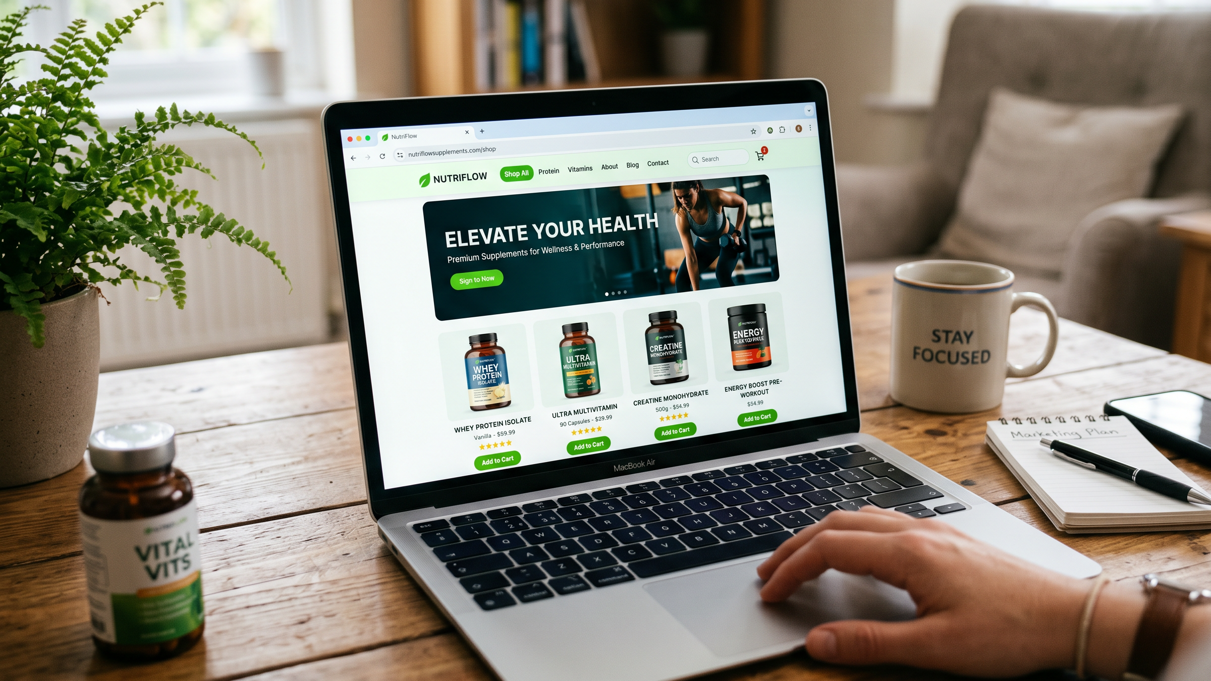 Laptop with an online supplement ecom business in browser