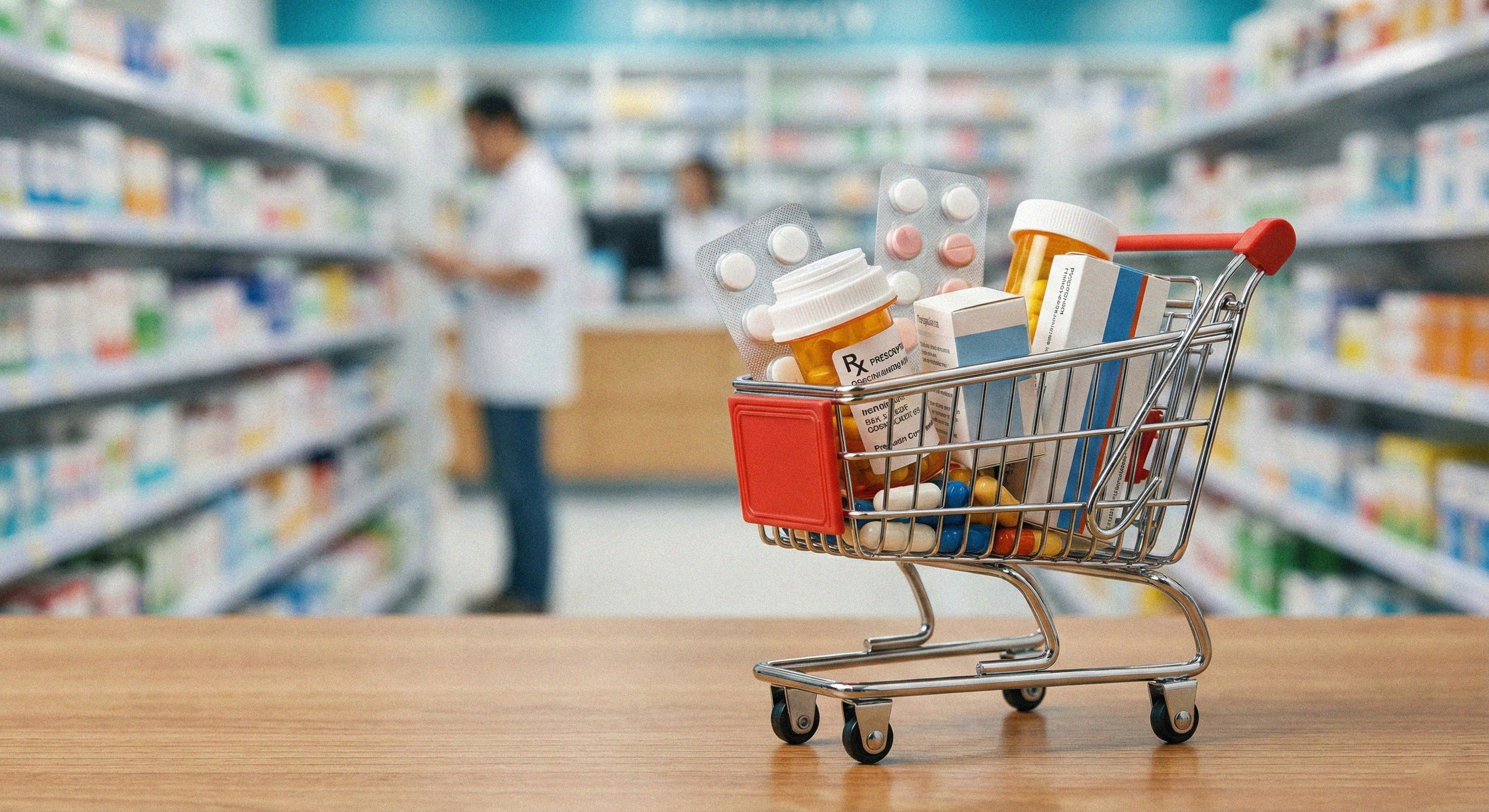 A mini shopping cart full of pharmaceuticals.