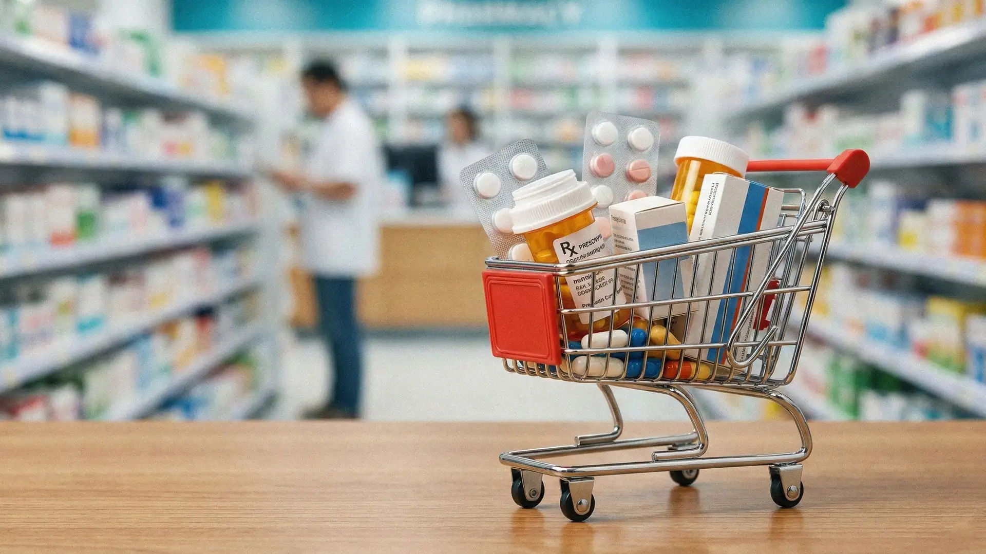 A mini shopping cart full of pharmaceuticals.