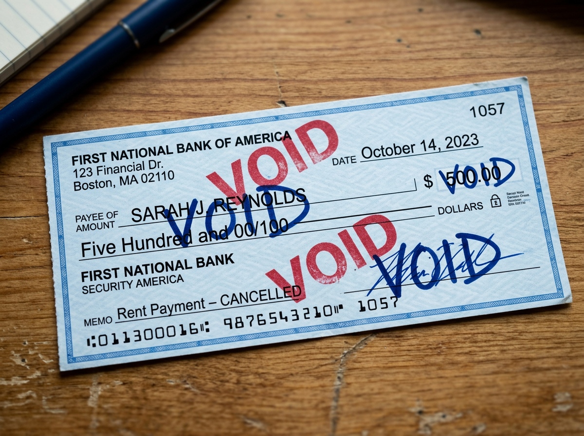 A voided check on a wooden table