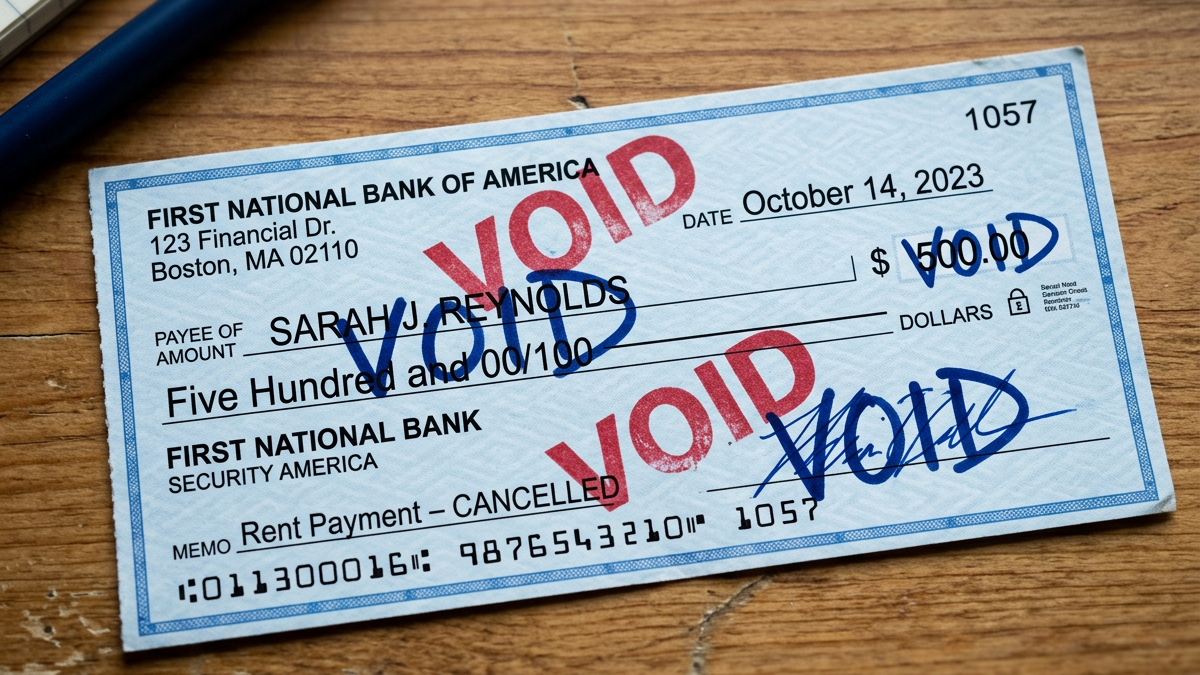 A voided check on a wooden table