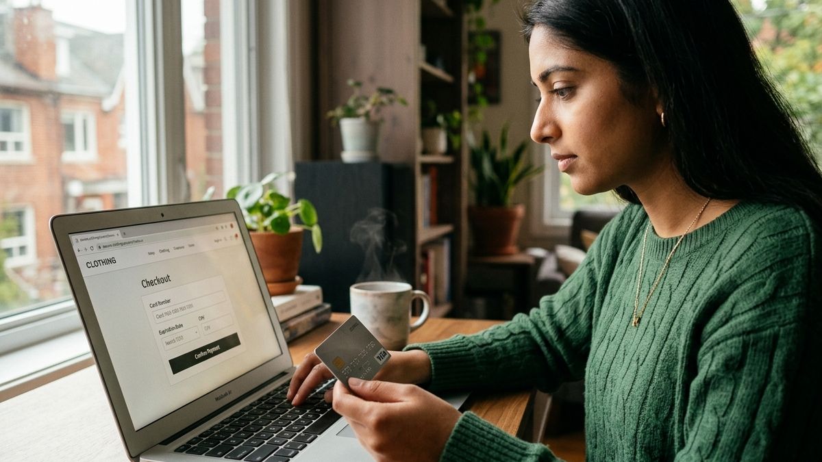A woman using a laptop to pay for a service online.