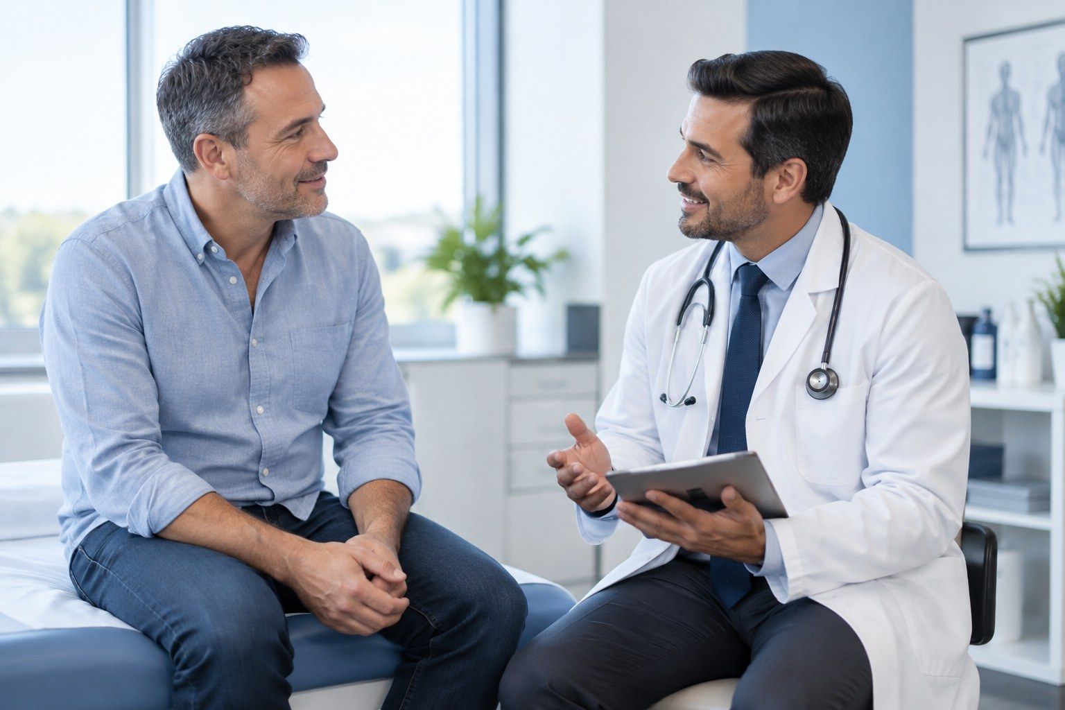 A doctor talking with a male patient in a bright clinic consultation room