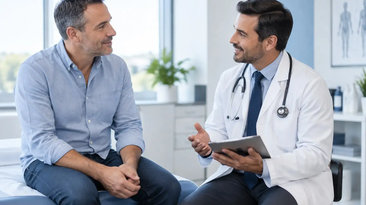 A doctor talking with a male patient in a bright clinic consultation room
