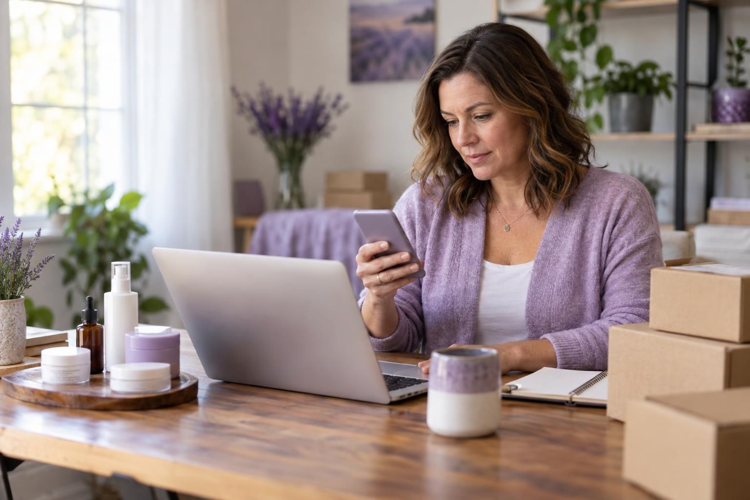 A direct sales business owner reading an email on her phone at a home office table with skincare samples and shipping boxes