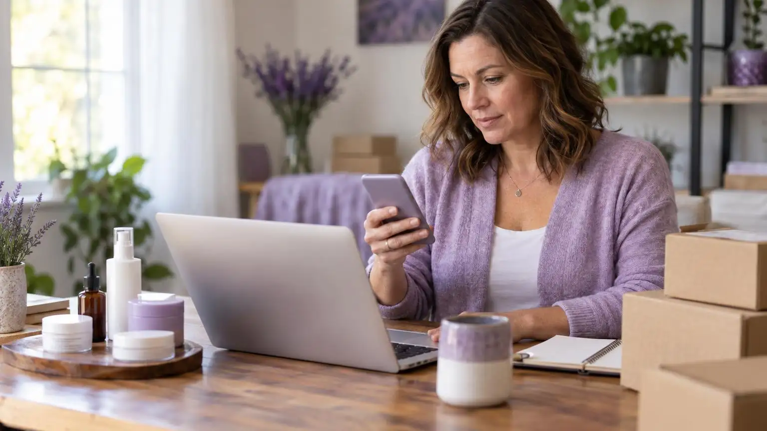 A direct sales business owner reading an email on her phone at a home office table with skincare samples and shipping boxes