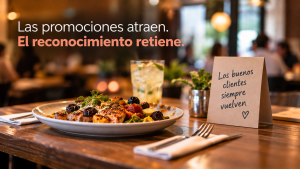 Mesa de restaurante con un platillo y un letrero que dice "Los buenos clientes siempre vuelven".