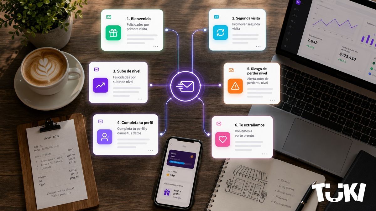Los 6 Lifecycle Journeys de Tuki sobre un escritorio: bienvenida, segunda visita, subir de nivel, completar perfil, riesgo de perder nivel y te extrañamos.