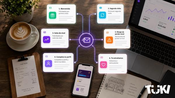 Los 6 Lifecycle Journeys de Tuki sobre un escritorio: bienvenida, segunda visita, subir de nivel, completar perfil, riesgo de perder nivel y te extrañamos.