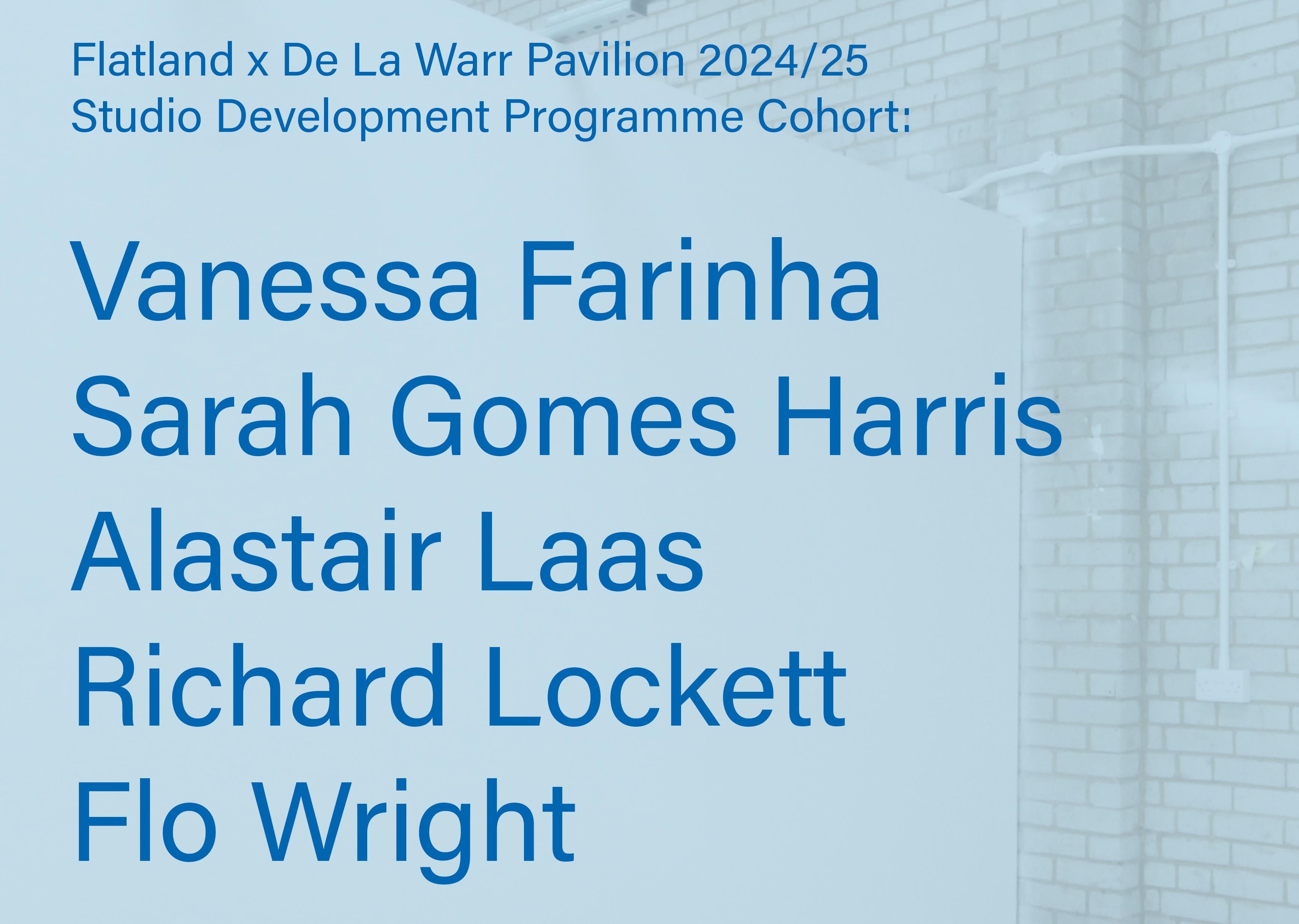Cohort list for the Flatland X De La Warr Pavilion Studio Development Programme Artists: Vanessa Farinha, Sarah Gomes Harris, Alastair Laas, Richard Lockett and Flo Wright