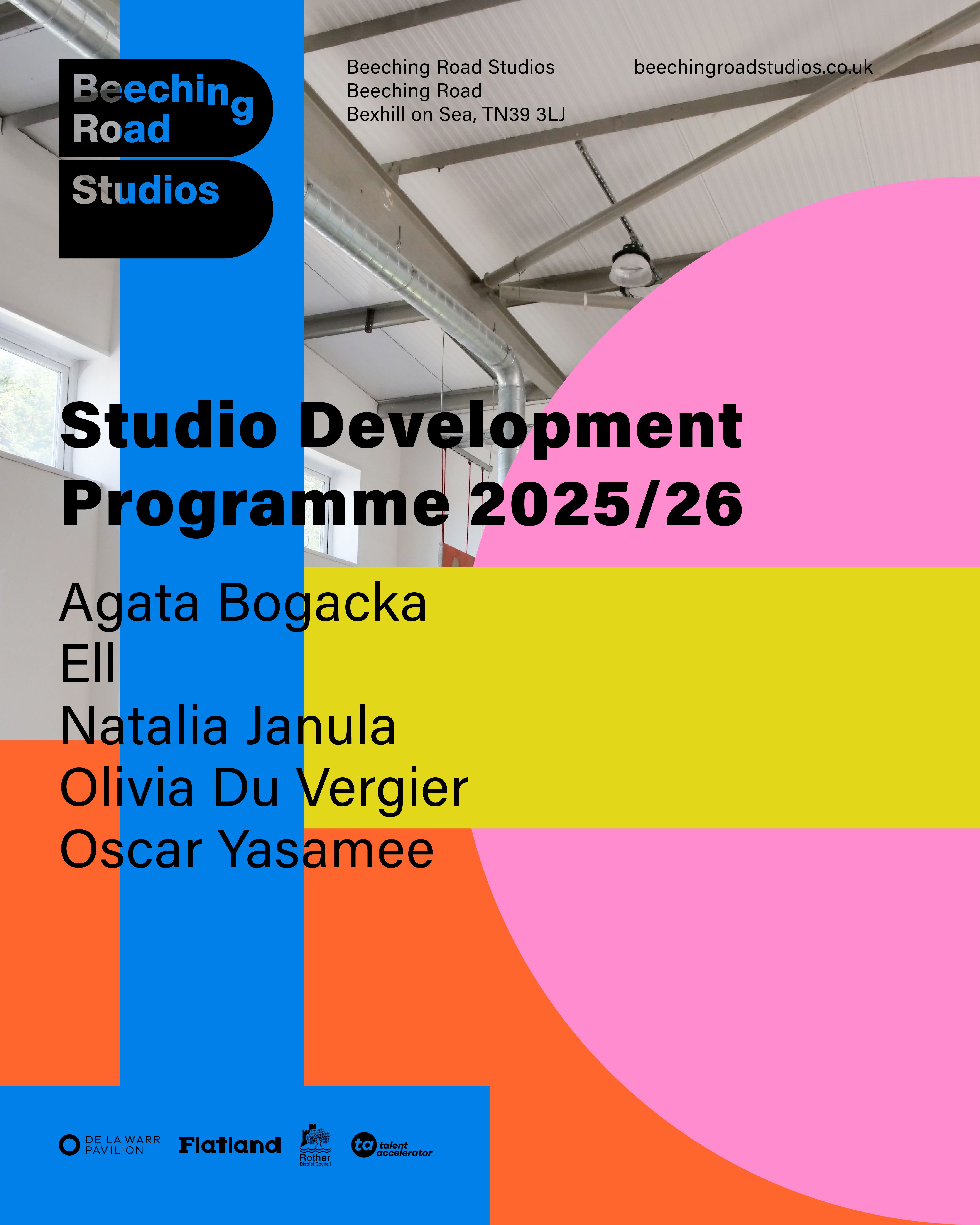 Cohort list for the Flatland X De La Warr Pavilion Studio Development Programme Artists: Vanessa Farinha, Sarah Gomes Harris, Alastair Laas, Richard Lockett and Flo Wright