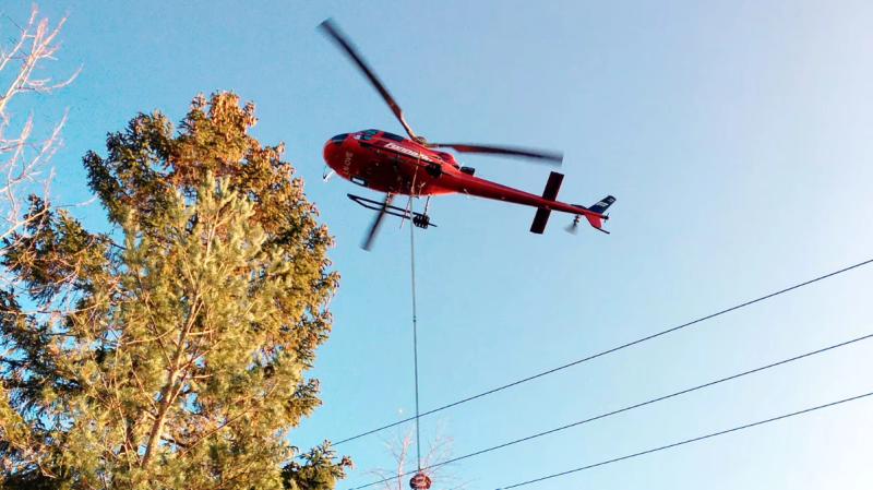 Helikopter igang med kvisting av trær nær strømlinjer