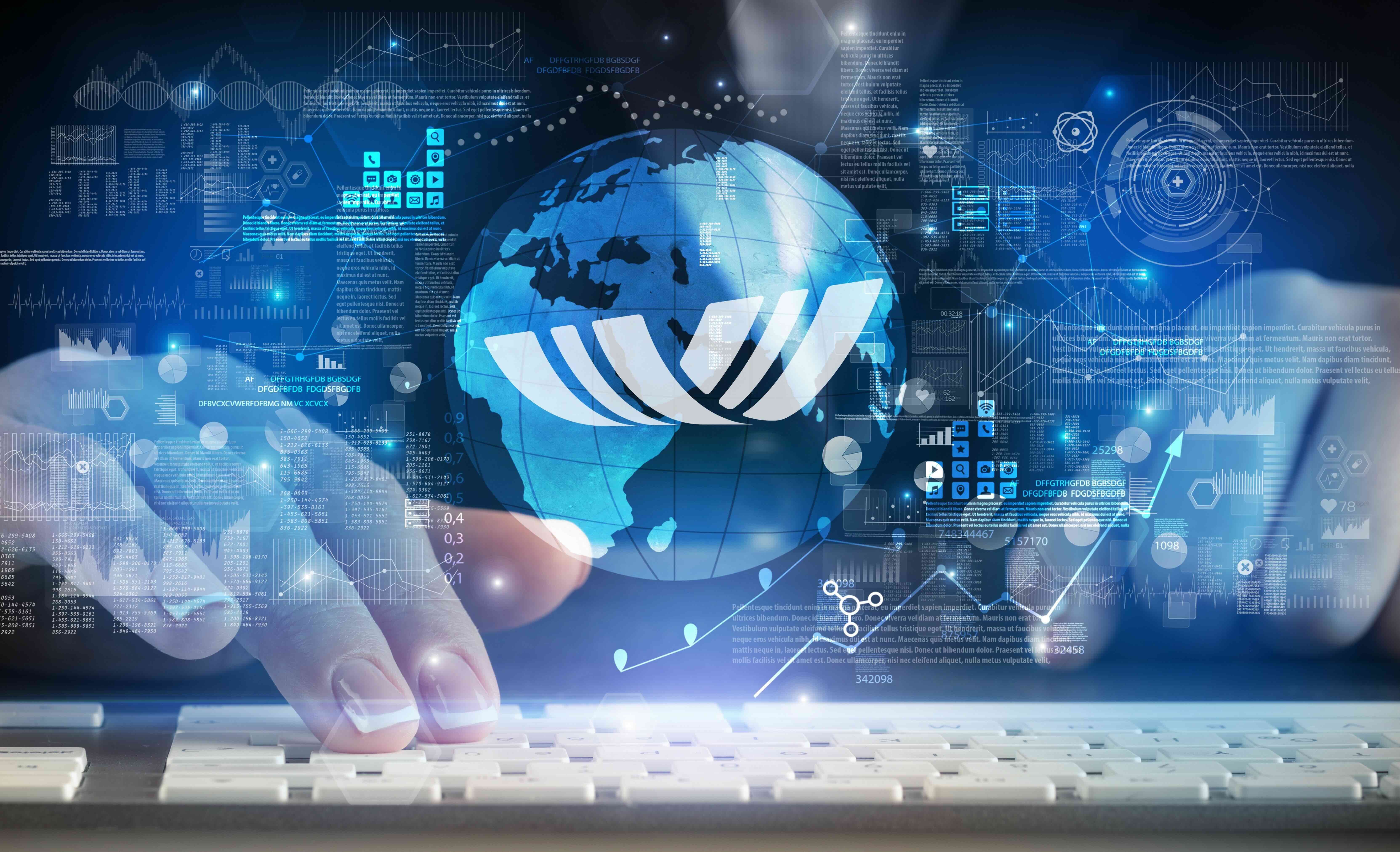 En person som trykker på et tastatur med symbolikk som viser til at personen er på internett