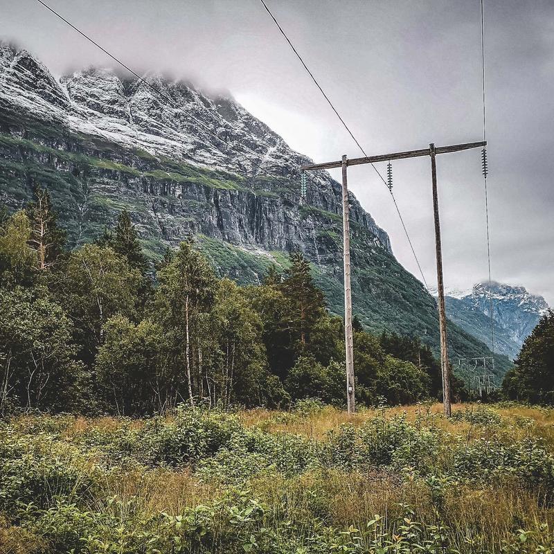 Strømlinjer som går gjennom skogen med fjell i bakgrunnen