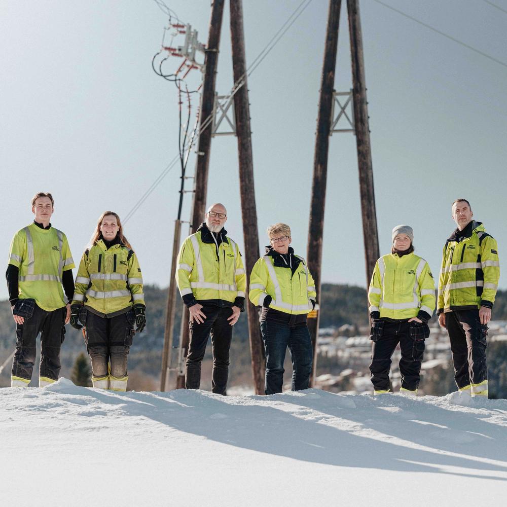 Flere Tensio-ansatte som står samlet i front av en høyspentmast