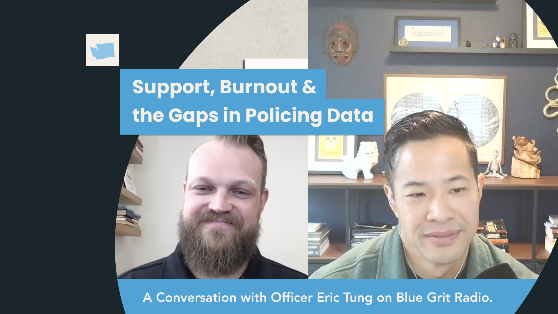 a split screen of two people on a podcast smiling, with the words 'w/BlueGrit Radio' in the top left corner