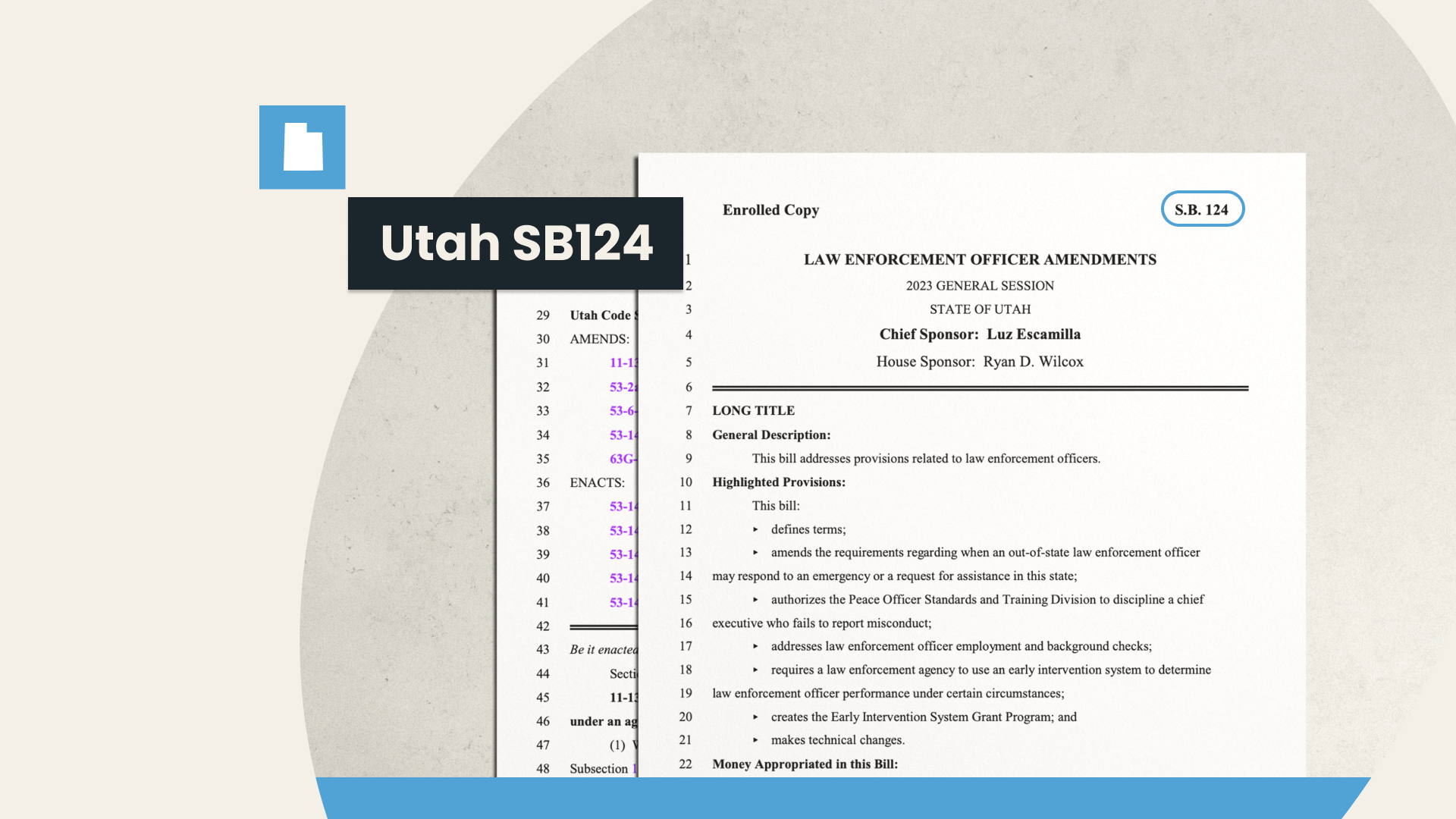 An image of two printed pages from Utah’s SB124 law enforcement amendment displayed on a light background. The Know Your Force logo appears in the top left, and a dark banner across the bottom reads ‘Utah SB124: One Year into the Mandate.’