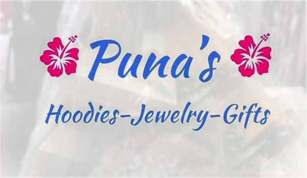 Store logo, Puna's with hawaiian flowers
