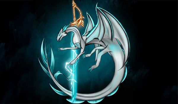 Silver dragon coiled around a glowing sword, wings spread, with lightning against a dark background.