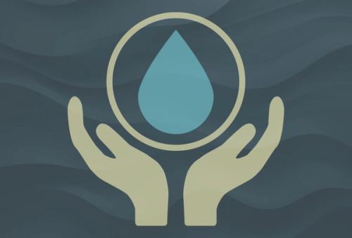 Icon of two cupped hands holding a water droplet inside a circle, symbolizing care for the marine environment.