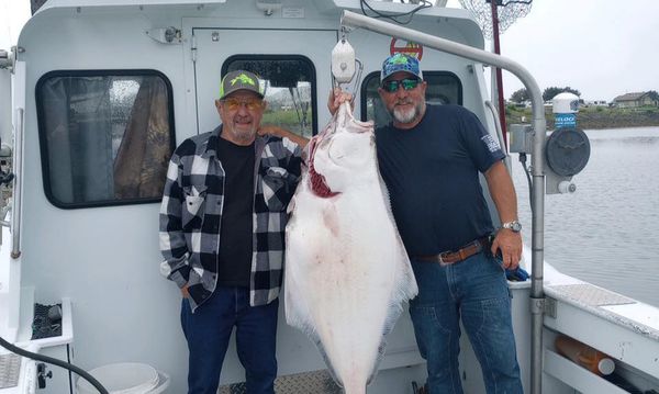 Captain Travis shows off a huge halibut caught on one of his charter trips.