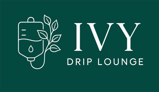 A logo for Ivy Drip Lounge, featuring a line drawing of an IV bag with leaves and the name in white text on a dark green background.