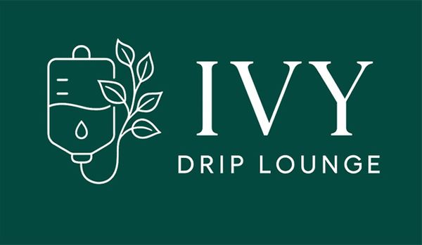 A logo for Ivy Drip Lounge, featuring a line drawing of an IV bag with leaves and the name in white text on a dark green background.