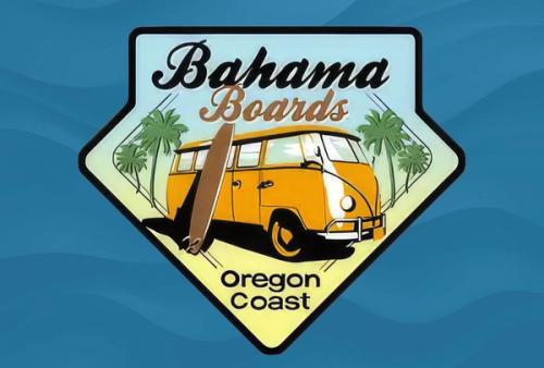 Bahama Boards, Oregon Coast — logo featuring a vintage yellow van with a surfboard.