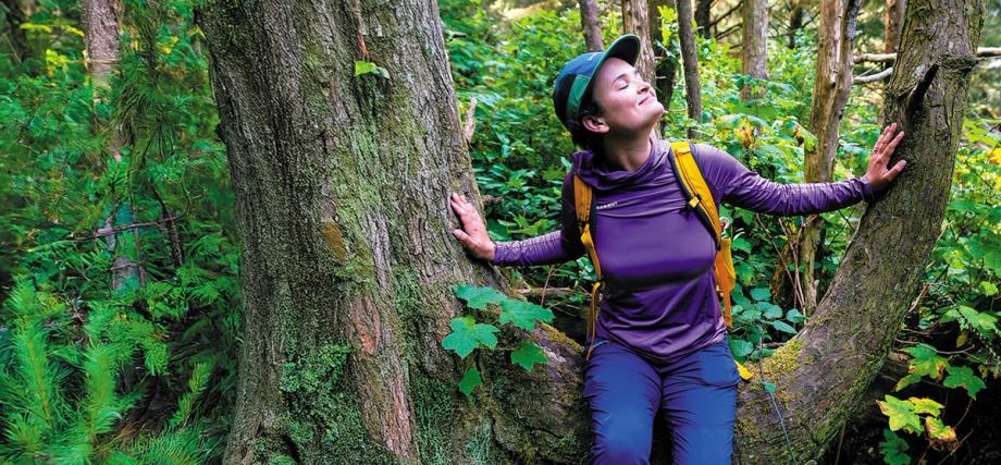 gwyn-sitting-in-tree-forest-bathing-1400x650.jpg alt="A woman with eyes closed and arms resting against mossy tree trunks, peacefully immersed in an old-growth coastal forest.