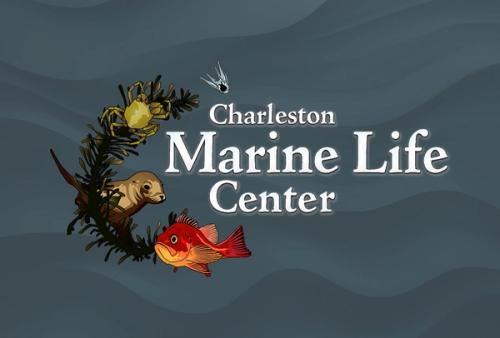 Charleston Marine Life Center logo, featuring illustrations of a sea otter, red rockfish, kelp crab, and whale skeleton arranged in a crescent against a wave-patterned blue-gray background.