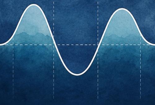 Abstract illustration of a tidal chart showing a sine wave with peaks and troughs on a deep blue watercolor background with dashed grid lines.